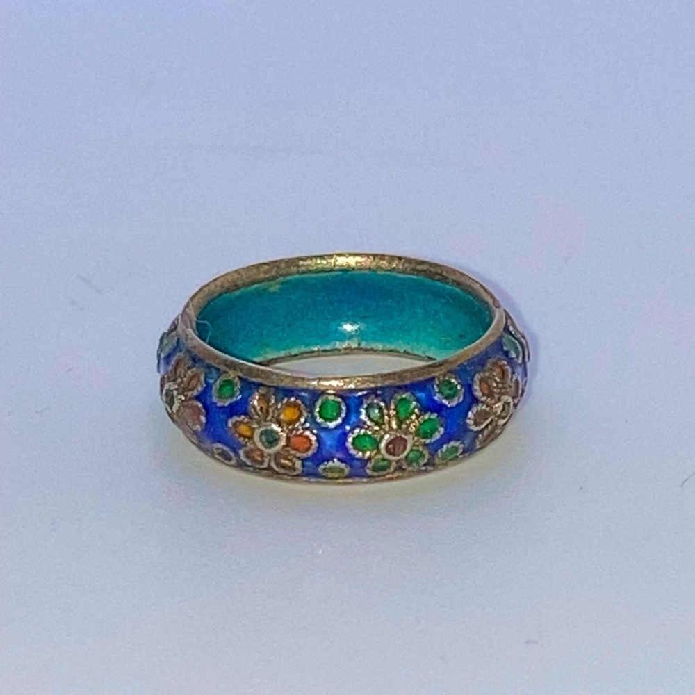 Vtg Blue Cloisonne Enamel Floral Design Ring Sz 4.75
